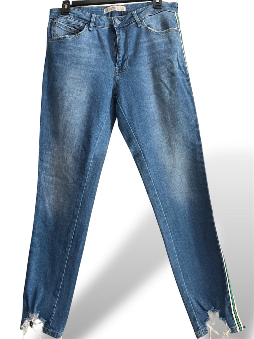 Zara Blue Slim Straight Jeans with Green Side Stripe